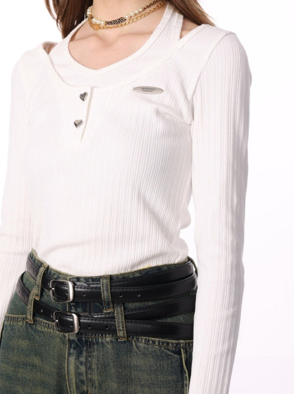 シルバーハートネックデザインフェイクツーピーストップス