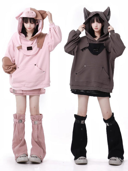 Forest Party Little Pig and Big Wolf Velvet Pink Gray Hooded Design Set