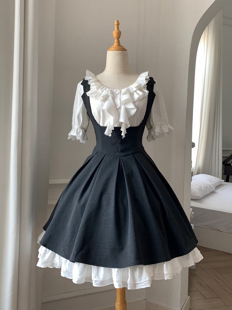 【4月14日予約締切】ダークグレークラシックラペルショルダーロリータコルセットドレス（ショート・ロングA/B）
