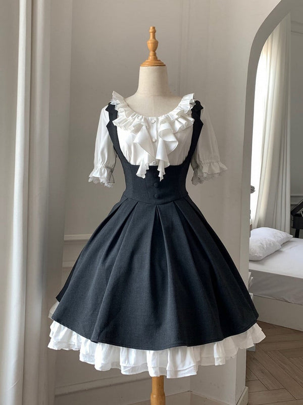 【4月14日予約締切】ダークグレークラシックラペルショルダーロリータコルセットドレス（ショート・ロングA/B）