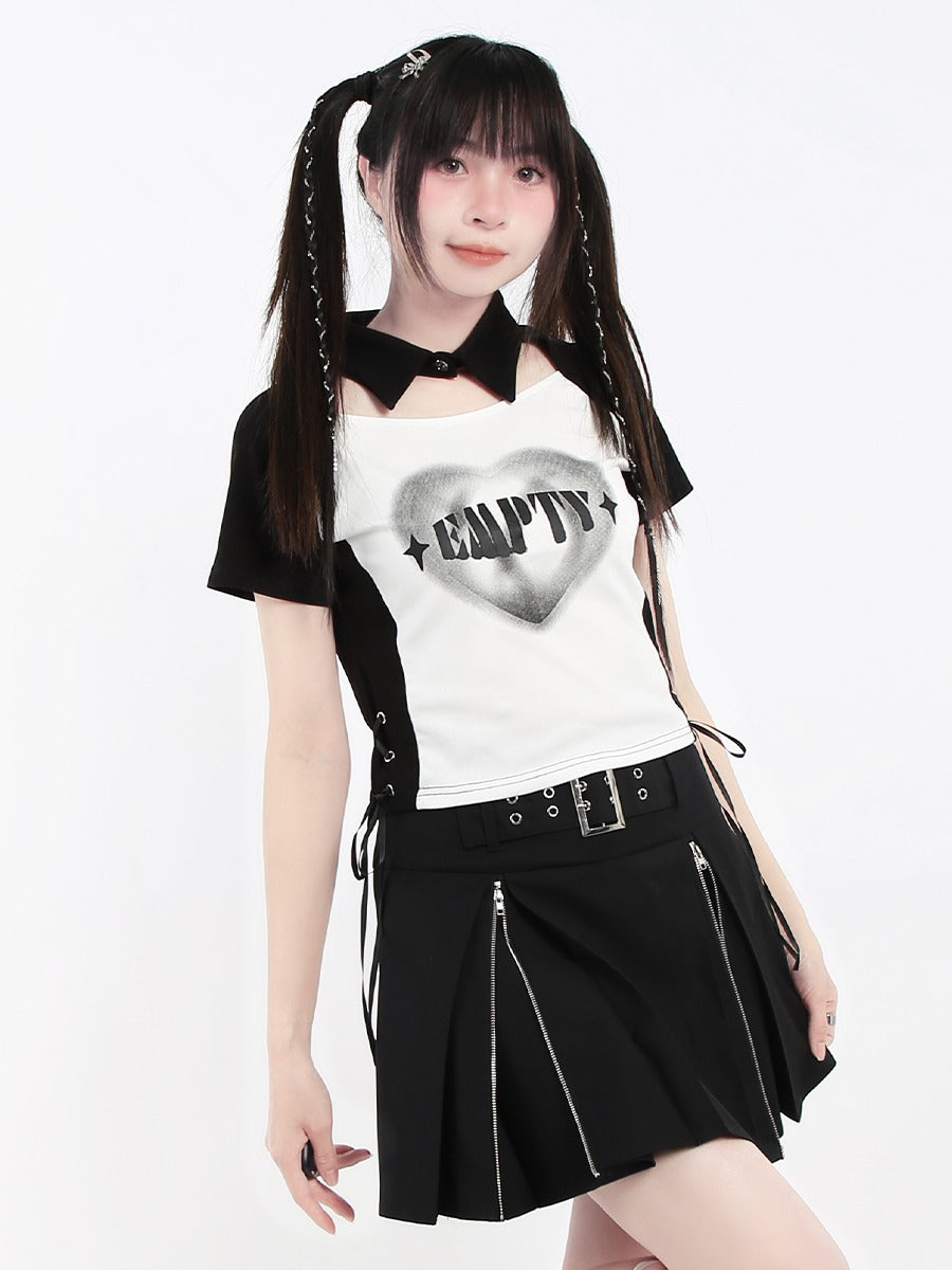 Black White Heart Print Split Polo Collar Top T-Shirt