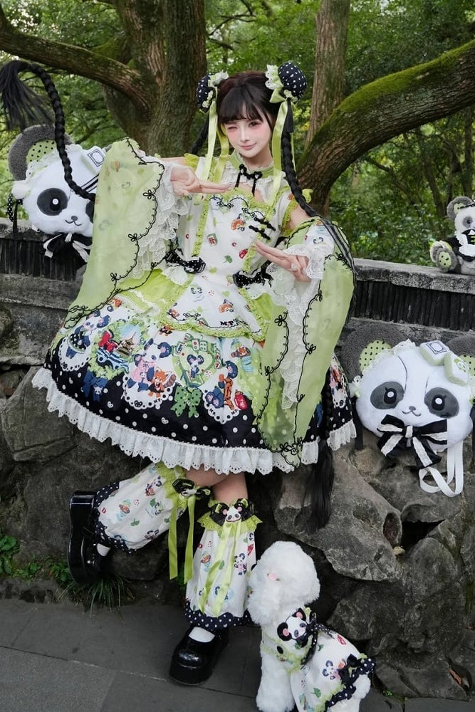 [Pre-order Deadline: October 25] Pink/Green Chinoiserie Lolita Sweet Panda Print Flutter Sleeve Lace Trim Dress + Detachable Flared Sleeves + Leg Covers