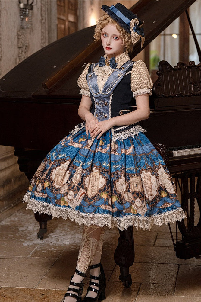 [Reservation Deadline: November 6] Navy Blue/Brown Classic Italian Travel Diary Lolita Stripe Puff Sleeve Bow Lace Vintage Print One-Piece Dress