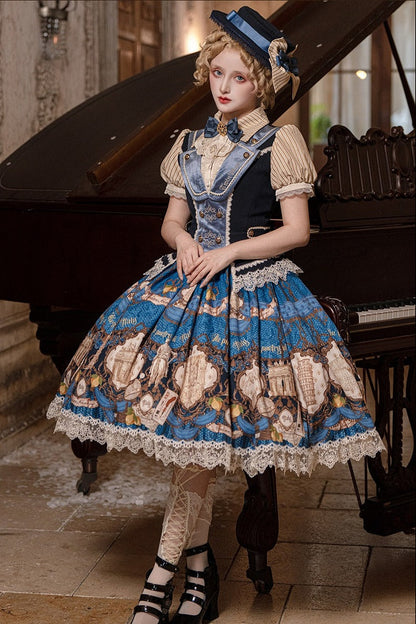 [Reservation Deadline: November 6] Navy Blue/Brown Classic Italian Travel Diary Lolita Stripe Puff Sleeve Bow Lace Vintage Print One-Piece Dress