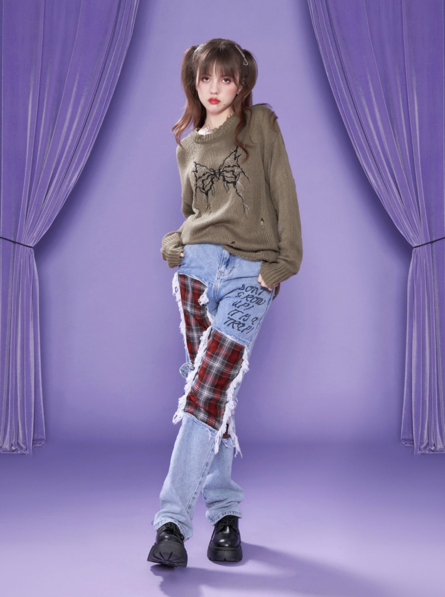 Rock Red Check Damaged Denim Pants