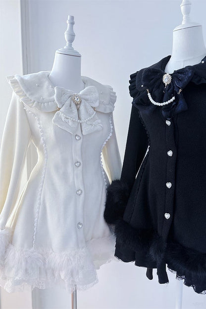 【11月13日予約締切】White Pearl Bow-Tie Fur Coat With Detachable Cape And Fur Cuffs