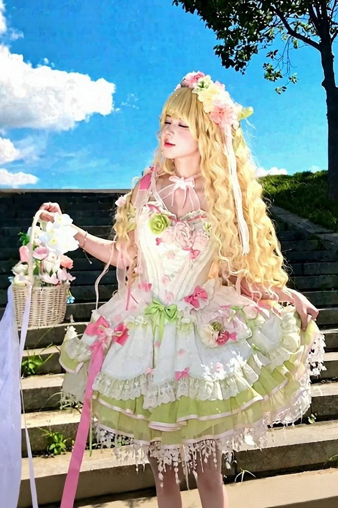 [Clôture des réservations le 10/8] Robe lolita corset à volants en dentelle florale rose x vert doux + ensemble complet (coiffe couronne florale avec voile + manches amovibles)
