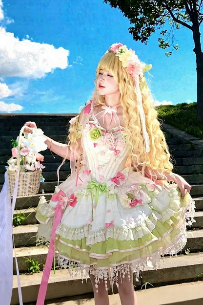 [Clôture des réservations le 10/8] Robe lolita corset à volants en dentelle florale rose x vert doux + ensemble complet (coiffe couronne florale avec voile + manches amovibles)