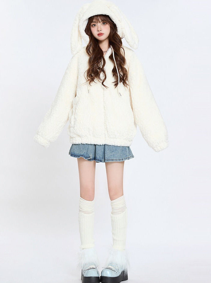 Soft lamb velvet cotton coat with rabbit ears hood