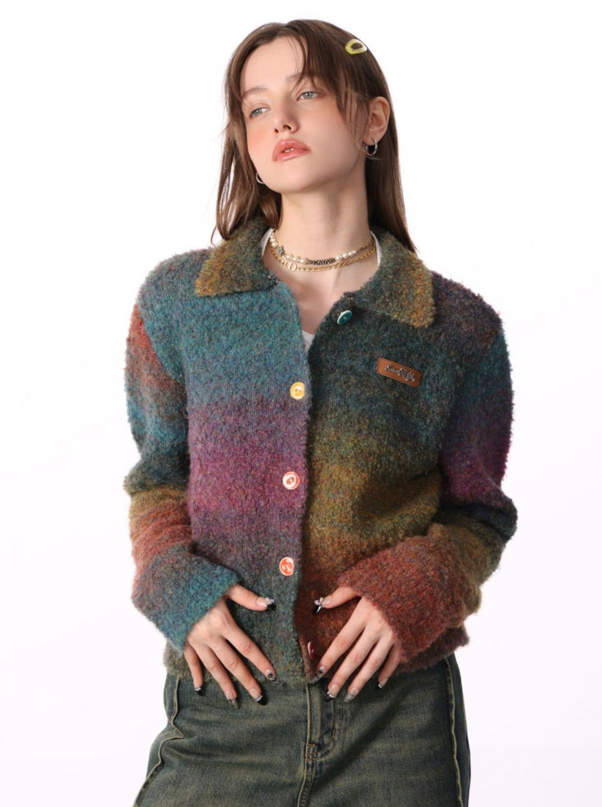 Gradient Polo Collar Soft Wax Wool Retro Cardigan