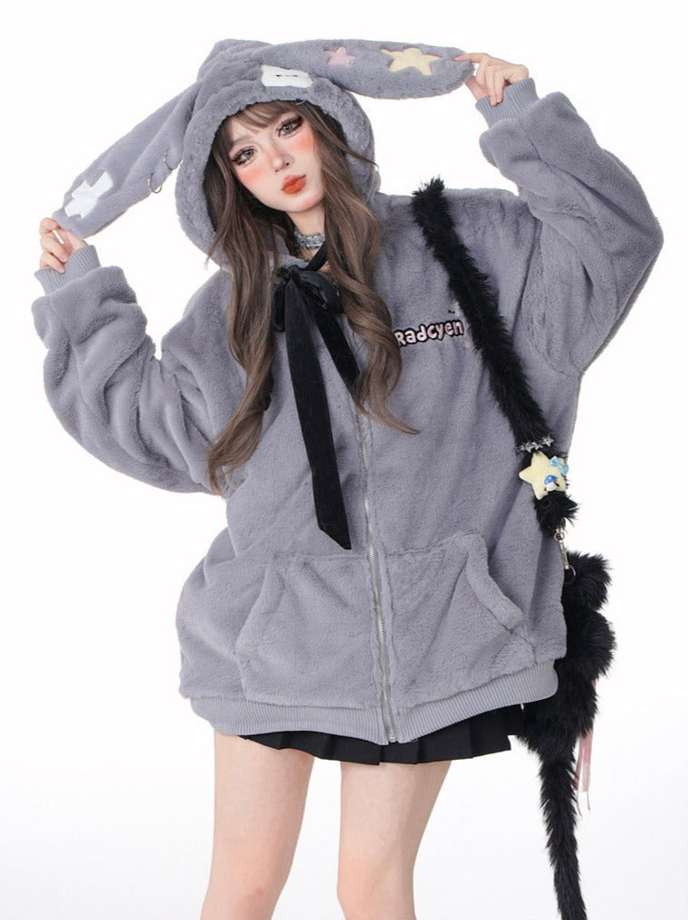 Star Catch Gray Bunny Ears Hood Loose Fur Jacket