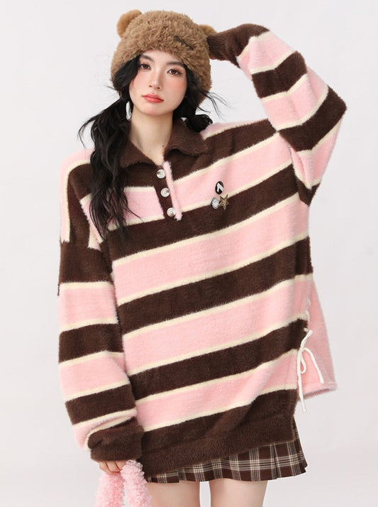 AONW fall/winter soft glutinous pink brown striped sweater women's lapel knit top niche design sense badge loose