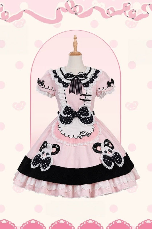 [Pre-order Deadline: October 25] Pink/Green Chinoiserie Lolita Sweet Panda Appliqué Puff Sleeve Polka Dot Bow Apron Dress