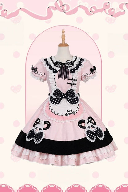 [Pre-order Deadline: October 25] Pink/Green Chinoiserie Lolita Sweet Panda Appliqué Puff Sleeve Polka Dot Bow Apron Dress