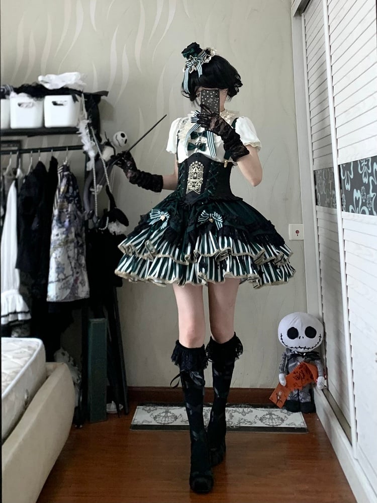 [Pre-order Deadline: May 20] Magical Girl Lolita Elegant Lace Puff Sleeve Shirt + Black x Green Ribbon Corset Tiered Dress + Mini Hat