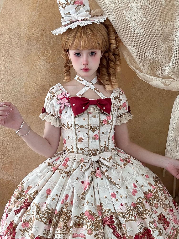 【4月26日予約締切】レトロロマンスイートロリータリボンケーキプリントホルターネックドレス