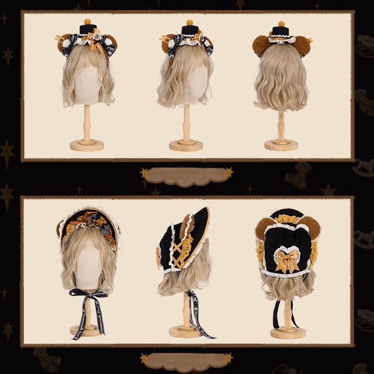 【9月8日予約締切】Vintage Teddy Bear Classic Lolita Series Accessories（Black Hat With Ribbon Train / Mini Hat &amp; Bear Ear KC With Ribbon Decoration / Bear Ear Bonnet / Brown Bear Brooch / Bear Embroidered Brooch）