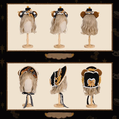 【9月8日予約締切】Vintage Teddy Bear Classic Lolita Series Accessories（Black Hat With Ribbon Train / Mini Hat &amp; Bear Ear KC With Ribbon Decoration / Bear Ear Bonnet / Brown Bear Brooch / Bear Embroidered Brooch）