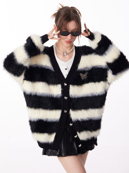 Butterfly Striped Fur Knit Cardigan