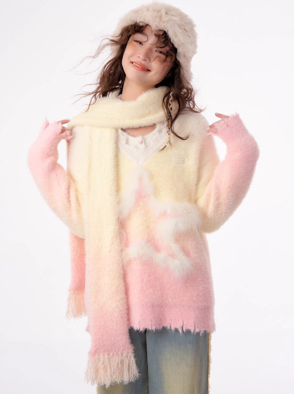 American Retro Design Pink Yellow Gradient Knit + Gradient Scarf