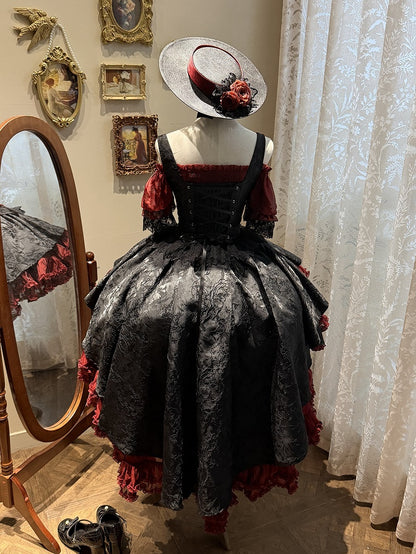 【4月28日预售截止】红蓝×黑色优雅哥特洛丽塔束身胸衣叠层JSK连衣裙+露肩蕾丝泡泡袖上衣