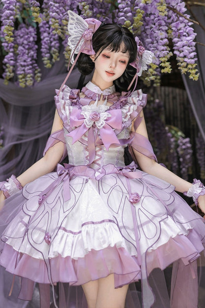 【8月18日予約締切】蝴蝶フェアリーチャイナロリータエンブロイダリーリボンレイヤードドレスコンプリートセット