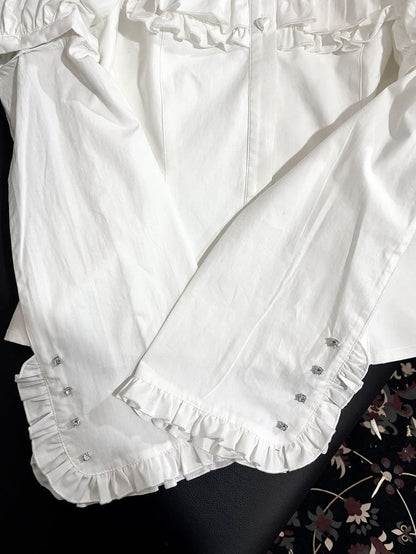 【4月18日予約締切】ダークゴシックロリータスタンドカラーパフスリーブラッフルシャツ（ロングスリーブ付き）