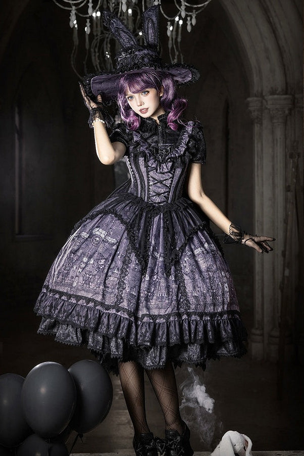 【10月30日予約締切】Purple And Black Gothic Lolita Dress Complete Set [Bunny Ear Hat Version/Witch Hat Version] (Witch Print Bustier Dress + Black Short-Sleeved Blouse + Bat Wing Back Train + Detachable Princess Sleeves)
