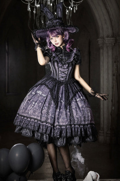 【10月30日予約締切】Purple And Black Gothic Lolita Dress Complete Set [Bunny Ear Hat Version/Witch Hat Version] (Witch Print Bustier Dress + Black Short-Sleeved Blouse + Bat Wing Back Train + Detachable Princess Sleeves)