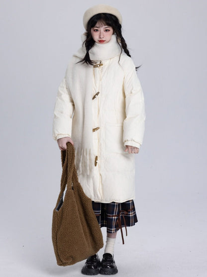 Horn Button Stand Collar Long Duck Down Coat