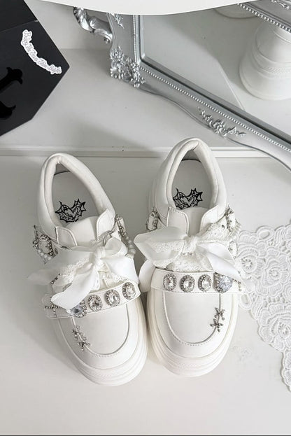 【10月6日予約締切】White/Pink/Black Rhinestone Buckle Lace Cross Charm Ribbon Chunky Sneakers