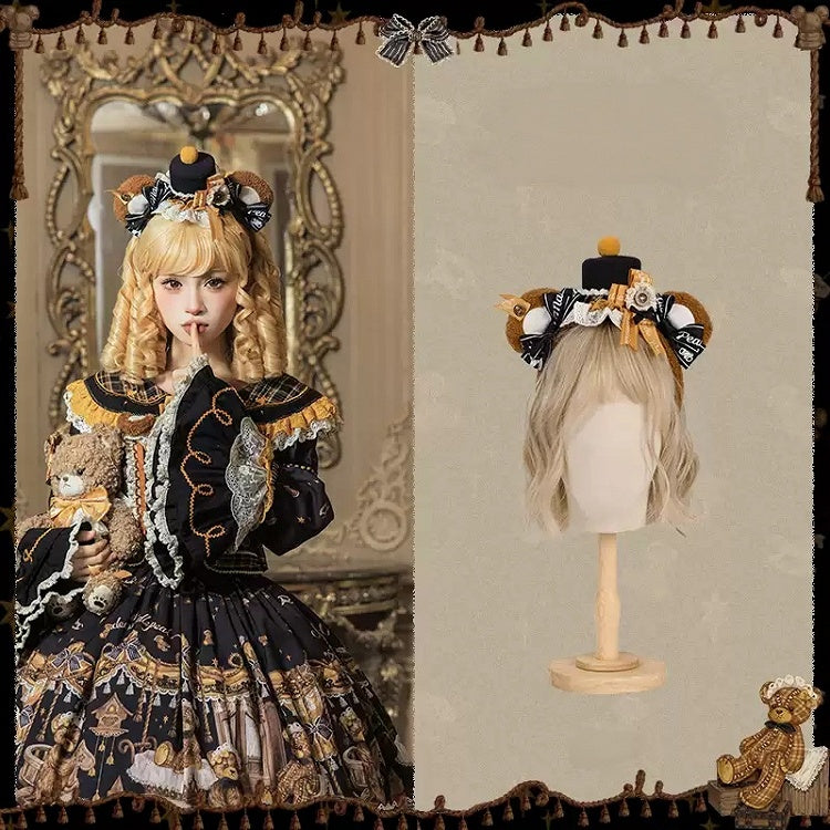 【9月8日予約締切】Vintage Teddy Bear Classic Lolita Series Accessories（Black Hat With Ribbon Train / Mini Hat &amp; Bear Ear KC With Ribbon Decoration / Bear Ear Bonnet / Brown Bear Brooch / Bear Embroidered Brooch）