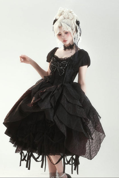 【10月28日予約締切】Black Butterfly Gothic Lolita Puff Sleeve Dress Top + Layered Ruffle Asymmetrical Hem Skirt Set (With Chest Brooch + Waist Brooch)