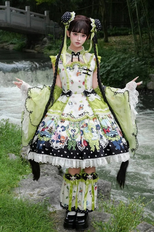 [1025 Reservierungsschluss] Rosa/Grünes Chinoiserie-Lolita-Sweet-Panda-Kleid mit Druck, Flatterärmeln und Spitzenbesatz+abnehmbare ausgestellte Ärmel + Beinwärmer