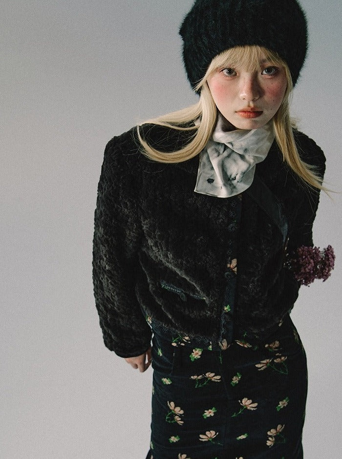 Mokomoko Fur Flower Jacquard Round Neck Wool Jacket