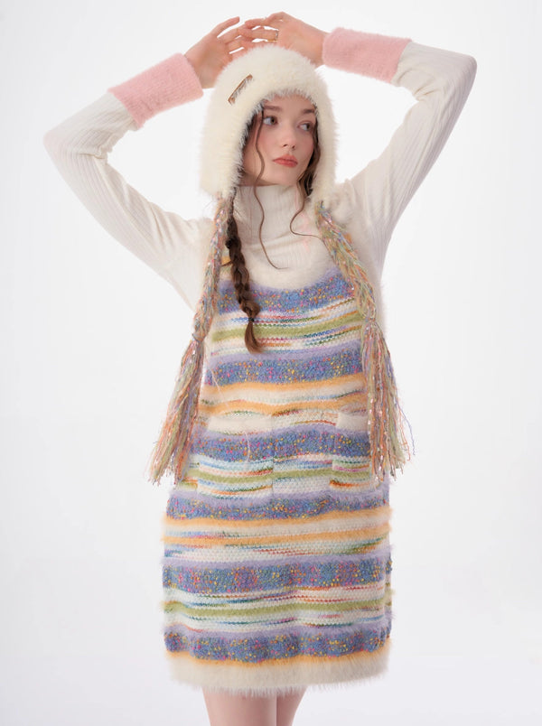 American Retro Color Grain Stripe Knit Vest Sleeveless Long Skirt
