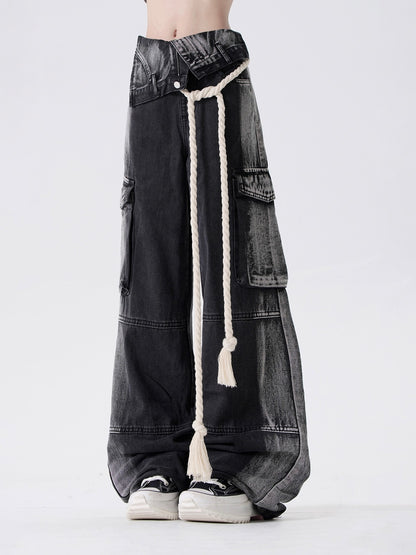 Side-osh design loose cargo denim pants + belt