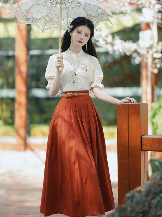 Retro flower blouse + long skirt