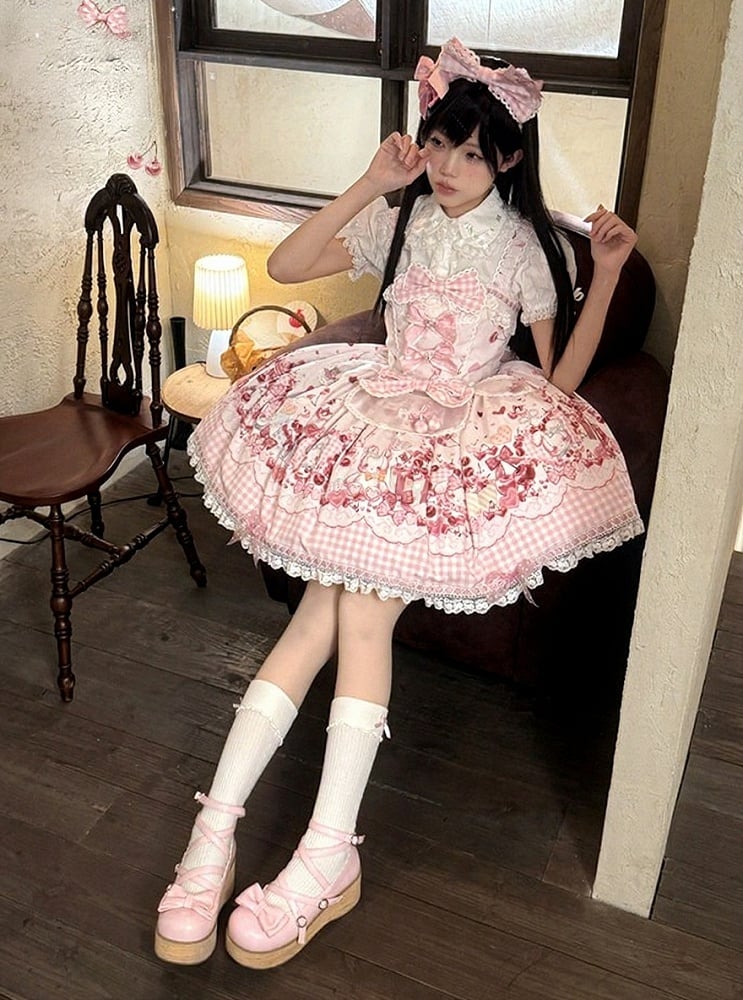 [Précommande jusqu'au 5 mai] Robe JSK à imprimé cerises roses, dentelle, ruban et tablier oreilles de lapin + accessoires