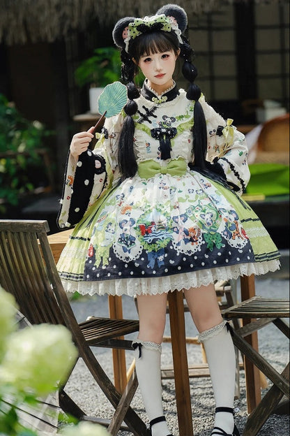 [Pre-order Deadline: October 25] Pink/Green Chinoiserie Lolita Sweet Panda Print Bow Bell Sleeve OP Dress