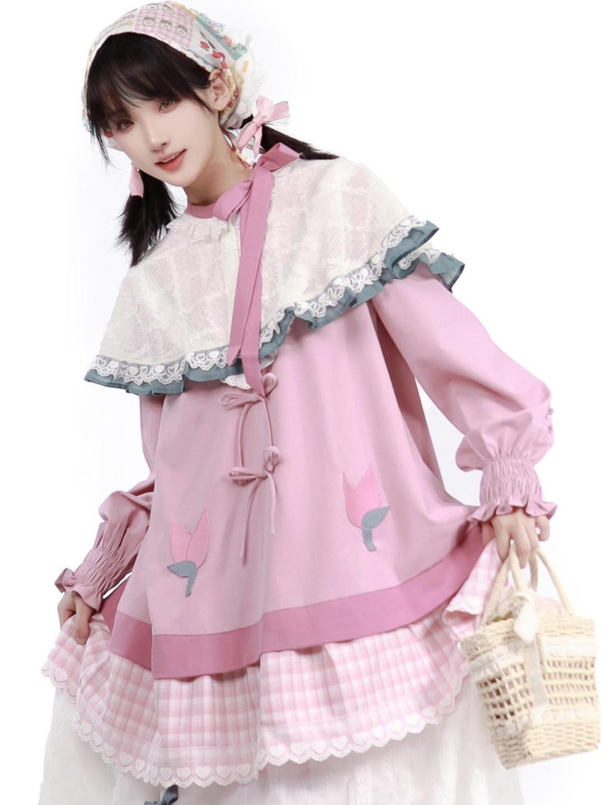 Dreamy Pink Forest Girl Layered Knit Shirt Skirt Suit