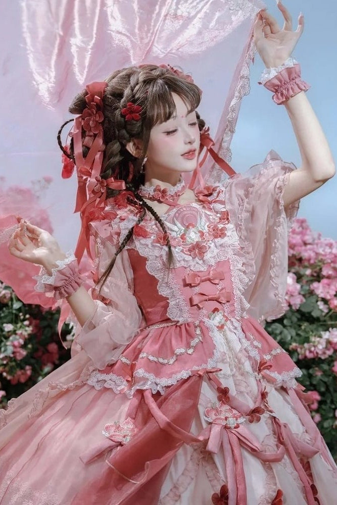 [Scadenza prenotazione 28 giugno] Accessori della serie sweet lolita floreale rosa x verde/rosso/viola/verde (choker, copricapo con velo floreale, fermagli per capelli, polsini da polso)