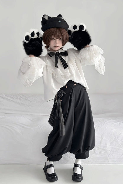 [Pre-order Deadline: September 28] Black Cat Ear Jewel Hat + Black and White Plush Cat Claw Paw Gloves
