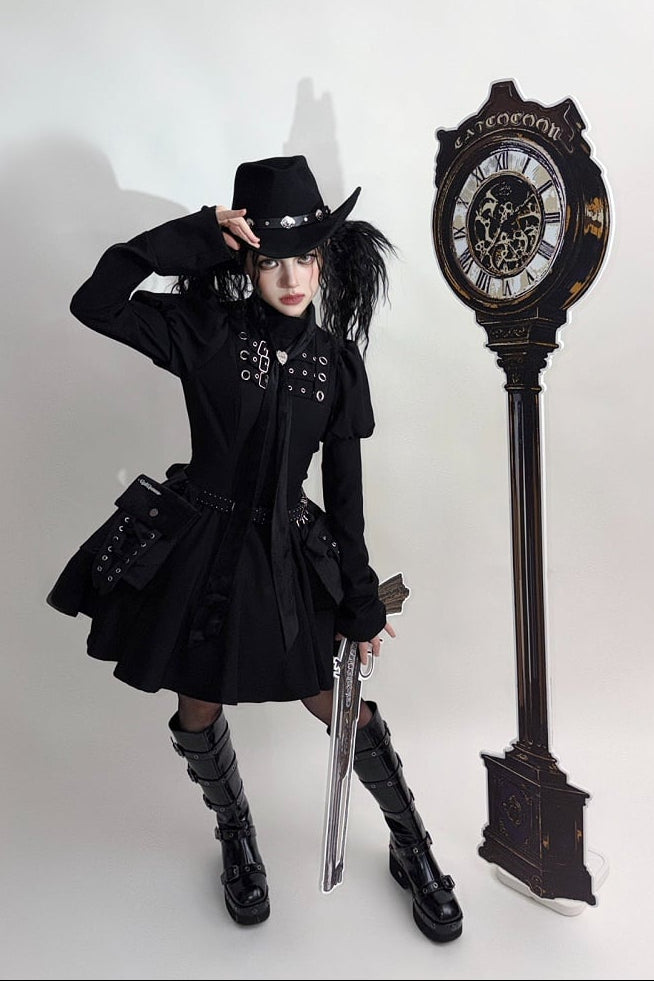 [Scadenza prenotazioni 6 novembre] Abito da bambola steampunk marrone x gothic mode nero con fibbia, collo alto e maniche lunghe a sbuffo