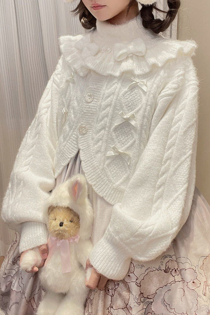 Ruffle Ribbon Lantern Sleeve Knit Cardigan