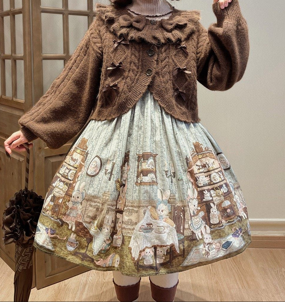 Ruffle Ribbon Lantern Sleeve Knit Cardigan