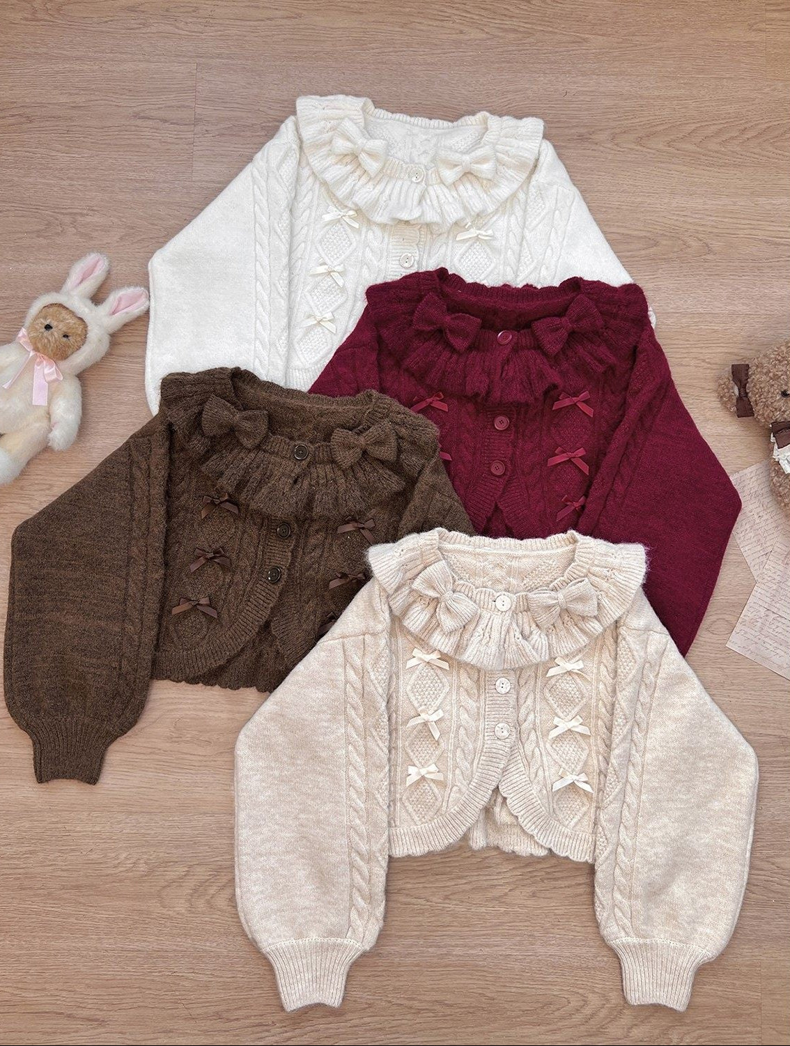 Ruffle Ribbon Lantern Sleeve Knit Cardigan