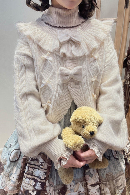 Ruffle Ribbon Lantern Sleeve Knit Cardigan