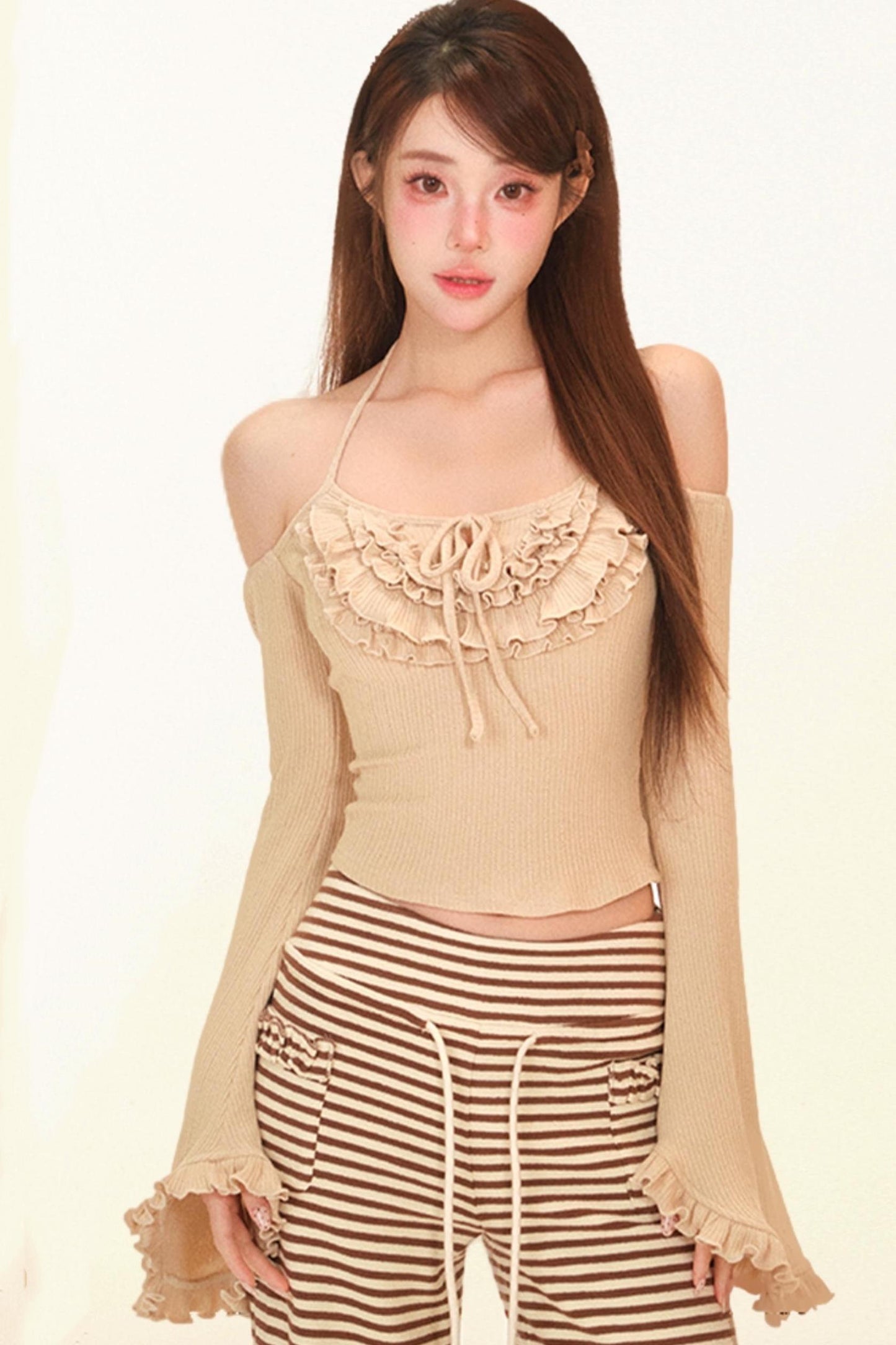 ソフトブラウンラッフルドニットカーディガン+トップス