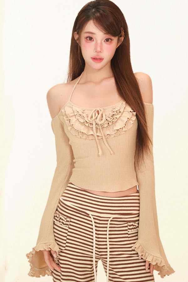 ソフトブラウンラッフルドニットカーディガン+トップス